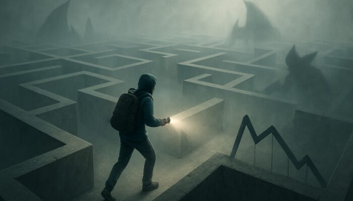 Digital explorer navigating a foggy SEO maze, avoiding competitor shadows and broken metric graphs.