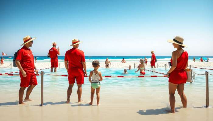 Beach scene with lifeguards in red uniforms watching swimmers in designated areas, families wearing hats and sunglasses under bright sun.