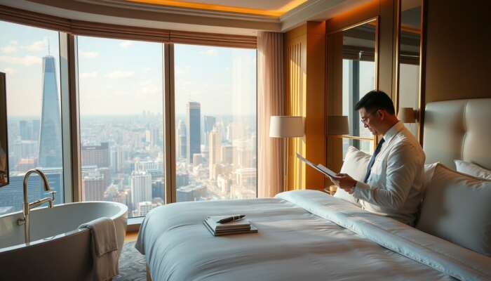 A hotel inspector examines crisp linens and gleaming fixtures in a luxurious five-star suite, holding a checklist against a backdrop of a city view bathed in golden light.