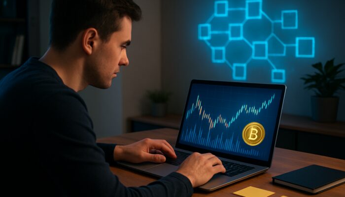 Beginner trader analysing crypto charts on laptop, surrounded by paper notes and Bitcoin coins in modern office.