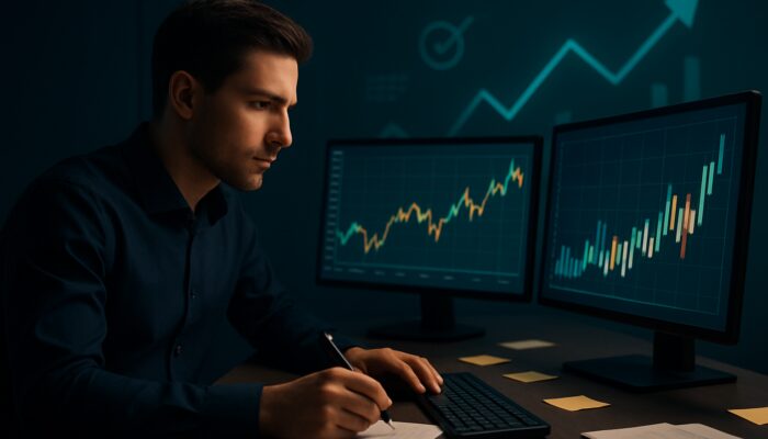 Focused trader analysing stock charts on screens, surrounded by notes and virtual simulations for risk-free practice.