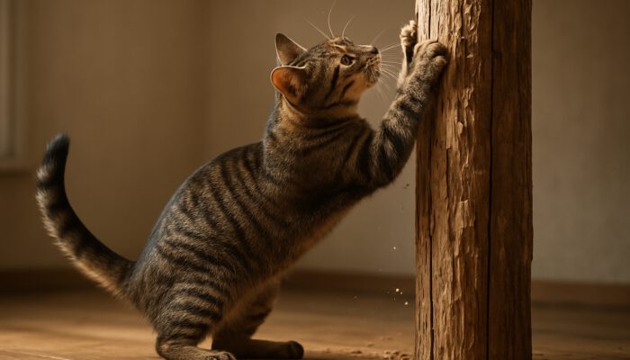 Tabby cat scratching a weathered wooden post, claws extended in a sunlit room.