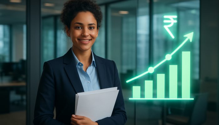 Confident person in UK bank office holding approved loan documents and glowing credit score graph.