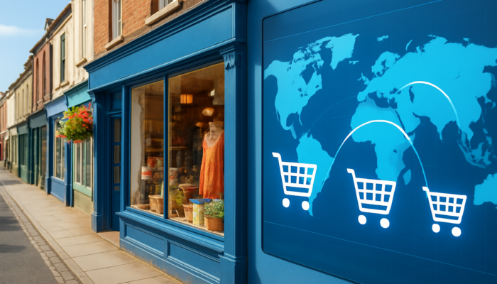 Vibrant Bridport shop integrating WooCommerce e-commerce carts with global maps for UK business expansion.