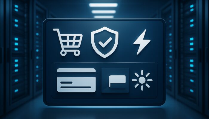 E-commerce dashboard featuring server racks, shopping carts, and secure payment icons for dependable hosting support.