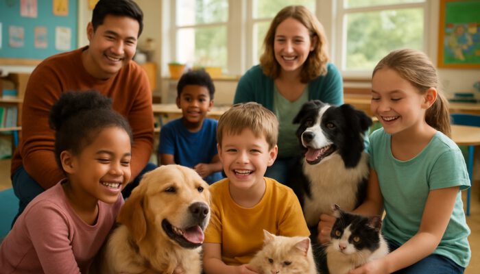 Children and teachers interacting with therapy dogs and cats in a cheerful classroom for emotional support.