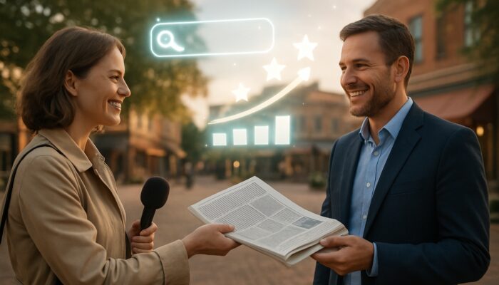 A journalist presenting a newspaper to a smiling business owner in a town square, surrounded by glowing SEO icons