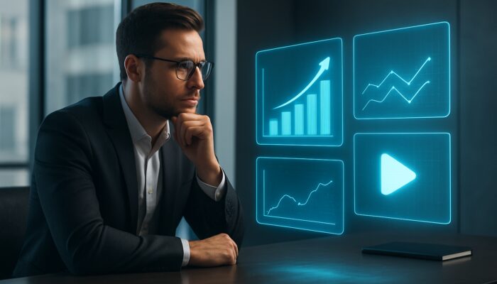 A marketer analysing glowing holographic competitor media charts with strategic arrows in a modern office