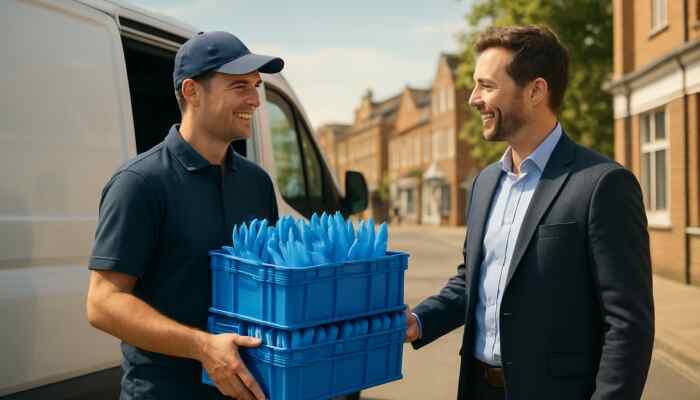 Local Aylesbury supplier delivering blue nitrile gloves to a business owner beside a delivery van