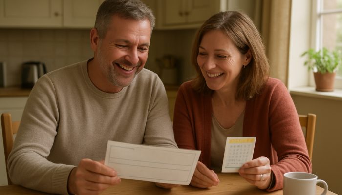 Agreeing Rules For Windfalls With Your Partner | DCL British couple smiling over inheritance check and lottery ticket at cozy kitchen table