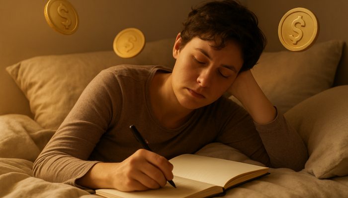 Tired individual resting in bed drafting gentle debt repayment plan in journal with warm golden light