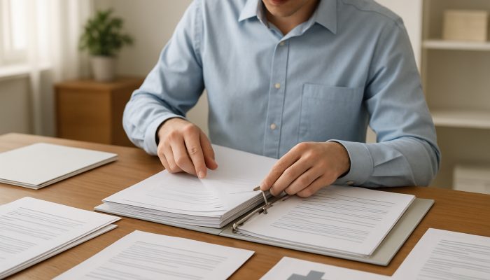 Discussing Health Issues with Lenders: Essential Guidance | DCL Person arranging medical records chronologically into summary binder on wooden desk