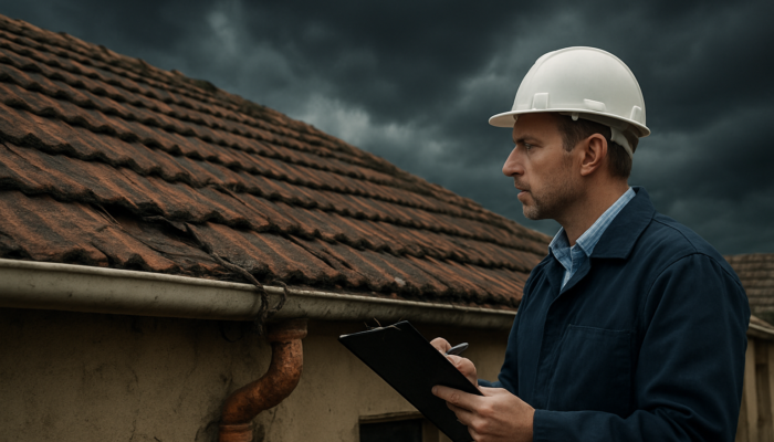 Professional inspector evaluates a cracked roof and exposed wires on an old South African home in Springs under a stormy sky.