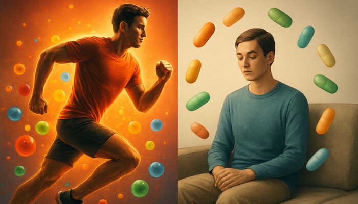 Illustration contrasting an energetic athlete with antioxidant multivitamins against a calm sedentary figure with nutrient capsules.