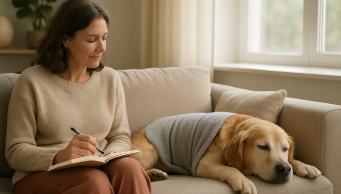 Calm dog wearing a soothing wrap on couch as owner observes reactions in journal
