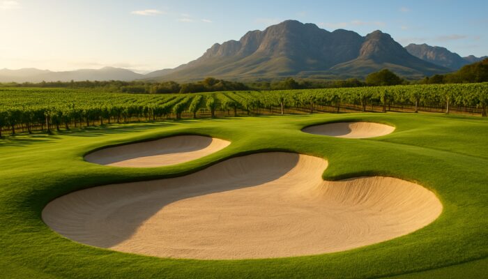 Gorgeous Cape Winelands golf bunkers filled with fine sand, surrounded by vineyards and rolling hills.