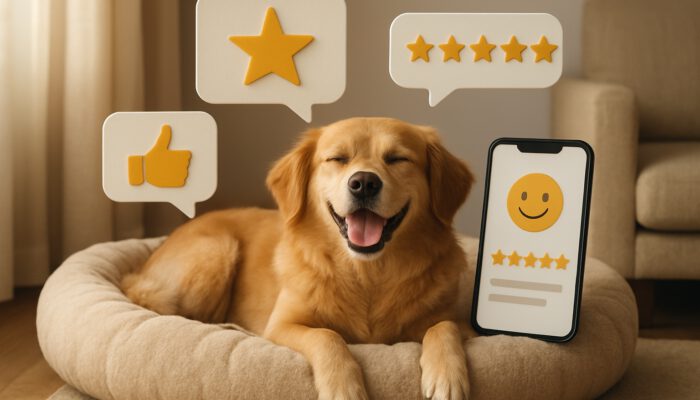 Happy dog lounging on a plush pet bed surrounded by floating reviews, star ratings, and smartphone feedback.
