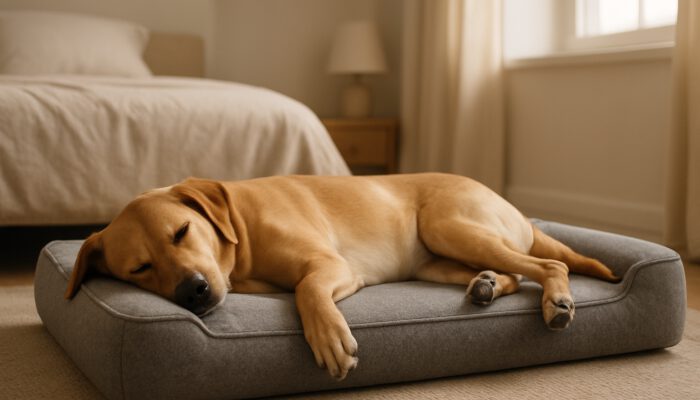 Peaceful dog resting on a supportive high-density foam pet bed in a cosy bedroom.