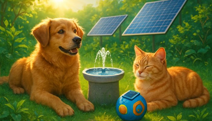 Dog and cat relaxing with solar-powered pet gadgets in a bright eco-friendly garden featuring solar panels.