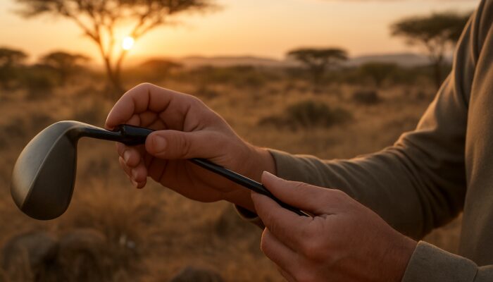 Hands inspecting golf club shaft for cracks on rugged South African savanna course at golden hour