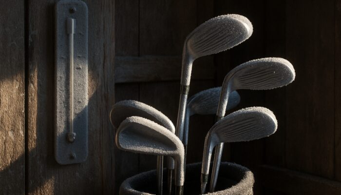 Golf clubs stored in frosty South African shed with mercury thermometer showing subzero temperatures.