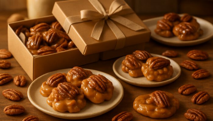 Homemade pralines with caramelized pecans in rustic gift boxes and on dessert plates