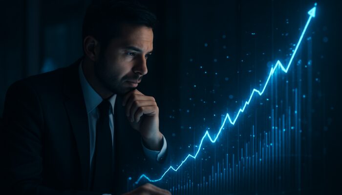 Trader examining glowing holographic charts depicting rising profit-to-drawdown ratio in a dimly lit office