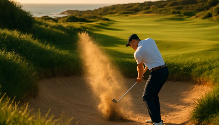 Golfer executing a lob wedge shot from a deep bunker at Gary Player Country Club in South Africa