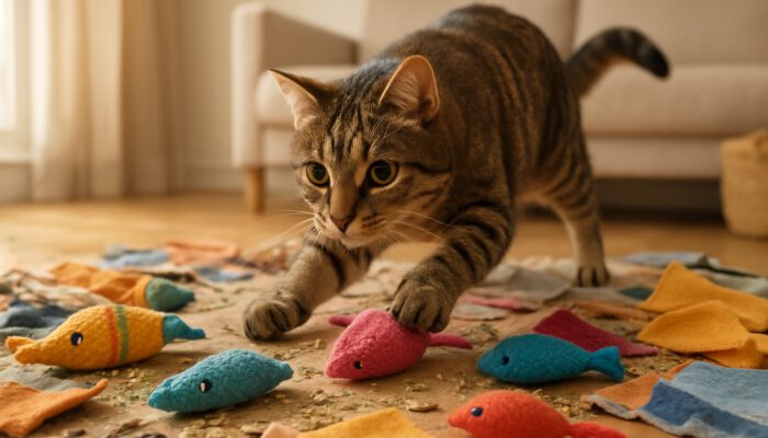 Playful tabby cat pouncing on colorful DIY catnip toys in sunny room