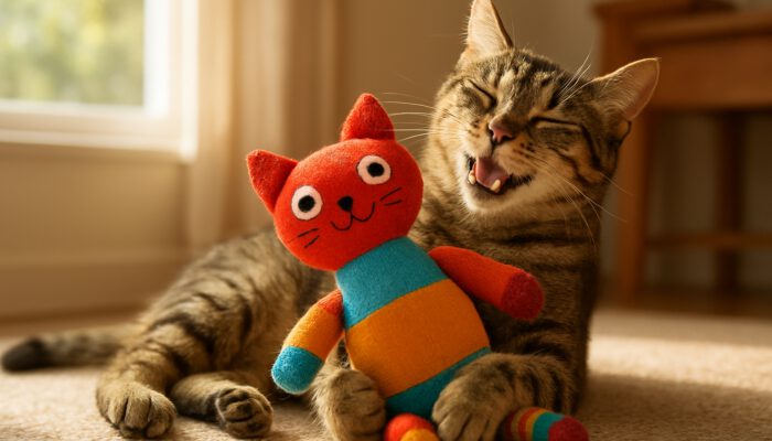 Joyful cat plays with vibrant, securely stitched plush toy in sunny home.