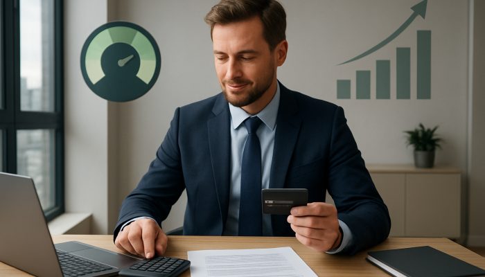 Demonstrating Stable Behaviour to Lenders: Proven Strategies | DCL British professional pays off credit card with glowing 25% utilization meter and rising credit scores