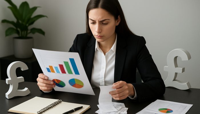 Demonstrating Stable Behaviour to Lenders: Proven Strategies | DCL Young professional reviewing income-expense charts with British pound symbols at sleek desk