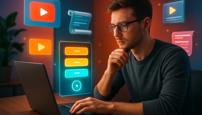Young creator examining pricing tiers and YouTube thumbnails on a laptop in a vibrant studio
