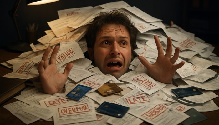 Person overwhelmed by chaotic pile of overdue bills and loan papers on cluttered desk