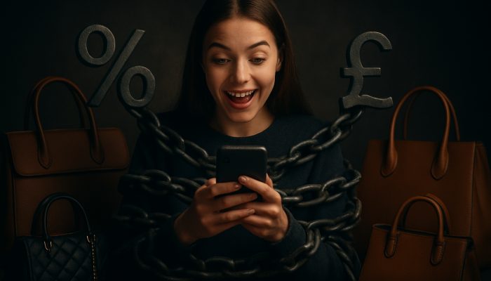 Young UK shopper using BNPL on phone with luxury bags as debt chains tighten.