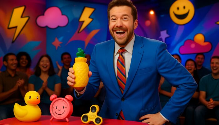 Cartoon TV host joking with audience while showcasing quirky products in colorful studio