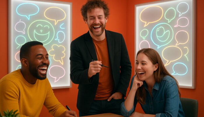 Advertising team and comedian laughing while sketching humorous ad concepts on glowing whiteboards.