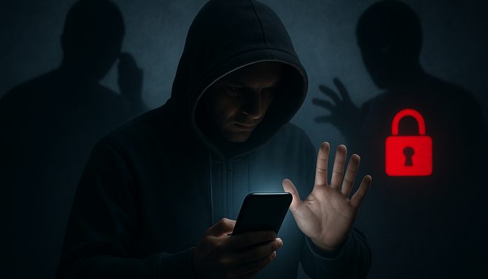 Cautious figure shields glowing smartphone from shadowy callers with "Stay Secure Now" red lock icon.