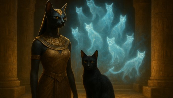 Bastet alongside a sleek cat with nine glowing spirit forms in an ancient golden temple.