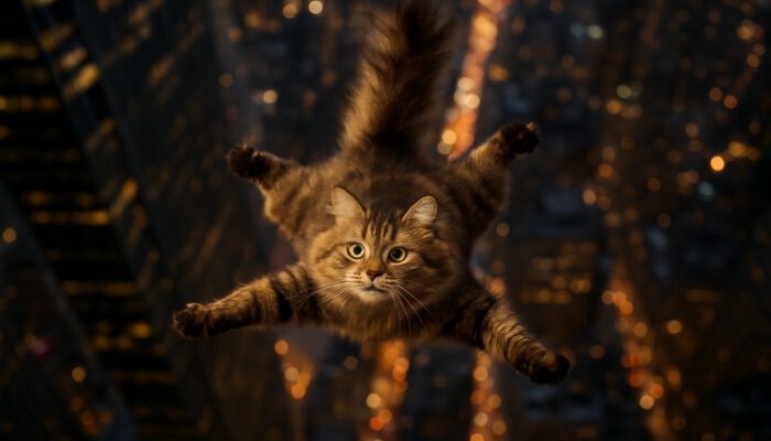 Fluffy tabby cat spreading its body like a parachute while falling from a New York skyscraper at night.