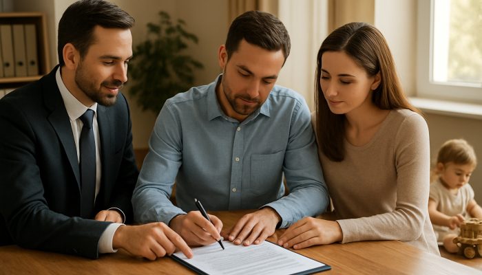 Family lawyer aids co-parents in signing a financial agreement while child plays in a sunlit office
