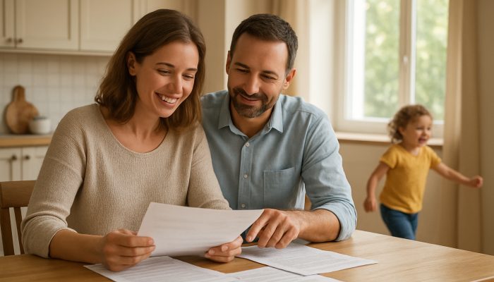 Co-parents reviewing finances at a sunlit kitchen table with child playing nearby in a stable home