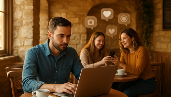 Café owner in Cirencester analysing Instagram posts on a laptop surrounded by happy customers in warm lighting.