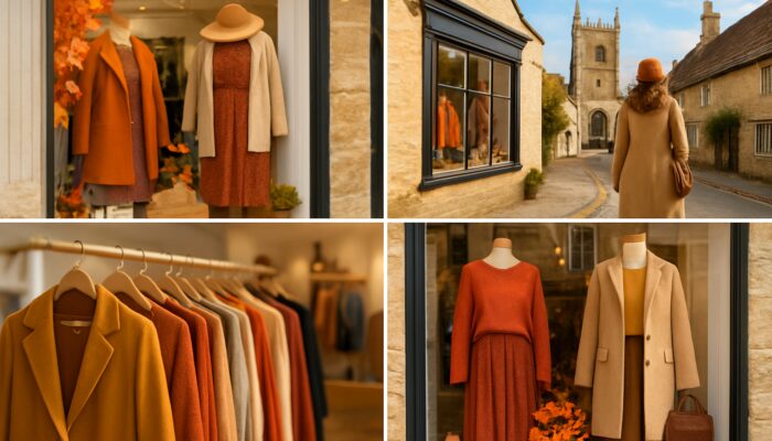 Cirencester boutique displaying seasonal fashion with local landmarks and Instagram overlays.