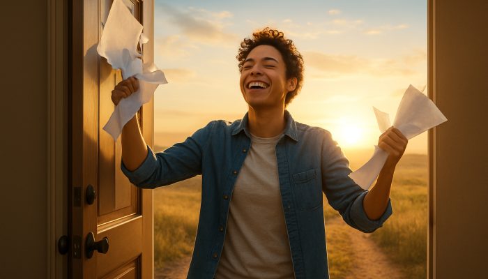 Planning Life After Monthly Debt Bills End: New Beginnings | DCL Relieved individual tearing up debt bills steps through an open door into a sunlit horizon representing new beginnings.