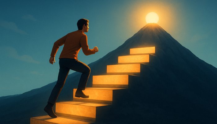 Individual stepping on stones labelled emergency fund and holiday savings towards the summit of financial independence
