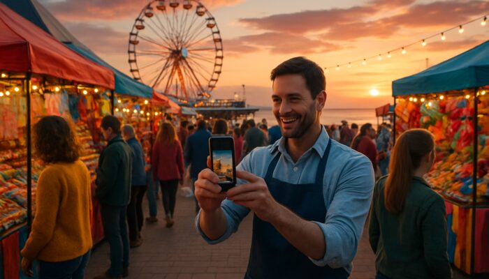 Vibrant Weston-super-Mare Carnival at sunset showcasing locals at lively market stalls and café owner on Instagram