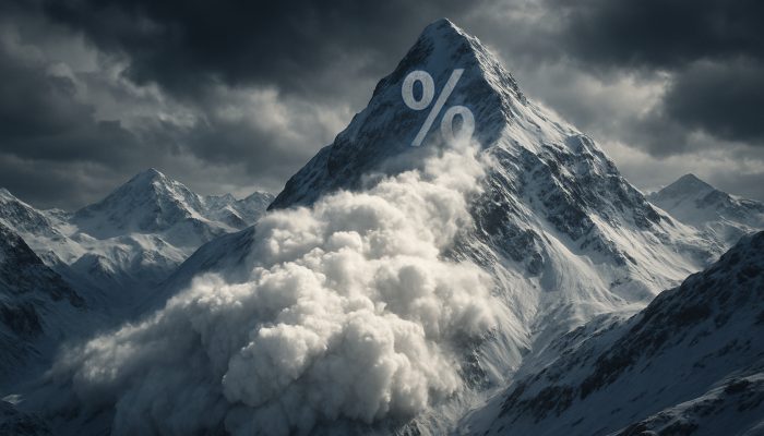 Cinematic avalanche crashing down debt mountains, striking the highest interest rate peak first.